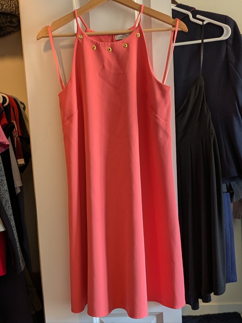 White House Black Market Coral Pink Mini Dress with Gold Eyelet Detail